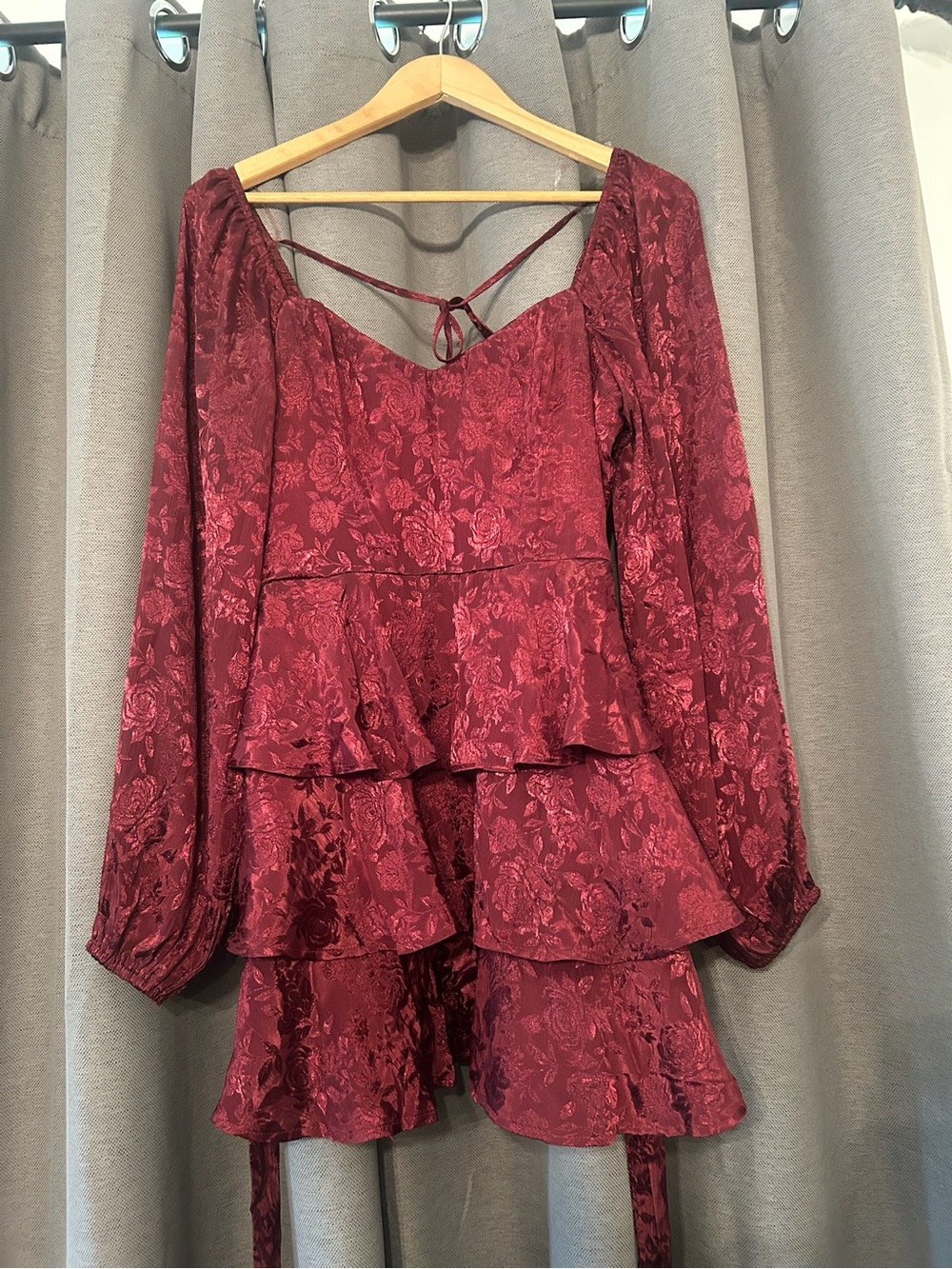 Altar'd State Burgundy Tiered Lace Long-Sleeve Mini Dress - Picture 3 of 4